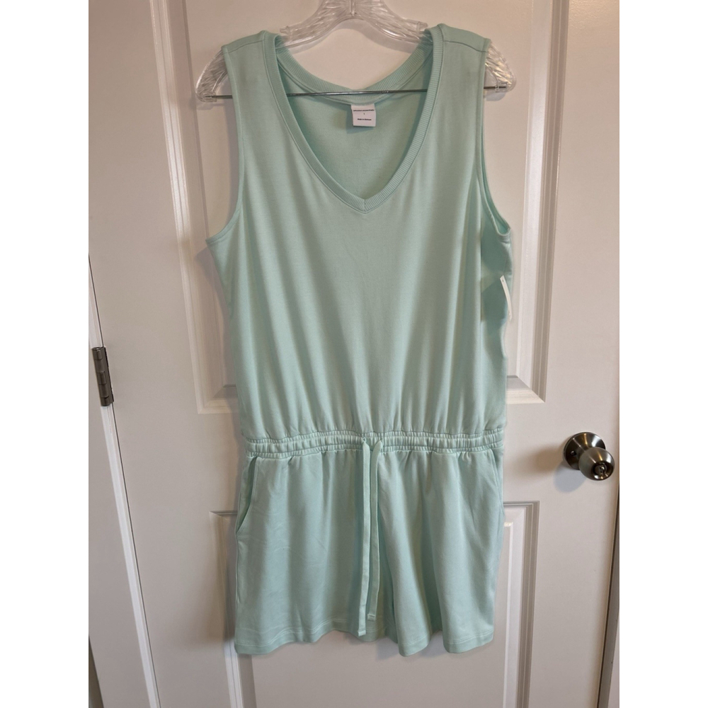 NWT Amazon Essentials Sleeveless Mint Romper Terry Knit Size L Drawstring Waist